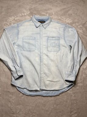 Drew House Lightweight Denim Shirt Mens XS Light Indigo Long Sleeve Smiley Face